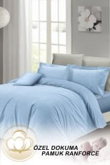 Lastikli Çarşaflı Çift Kişilik Nevresim Takımı Mavi Lux Pamuk Ranforce