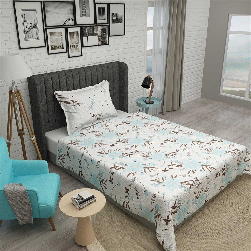 Tek Kişilik Pike Takımı Jakar Dokuma Pamuklu 3d Blue Daisy