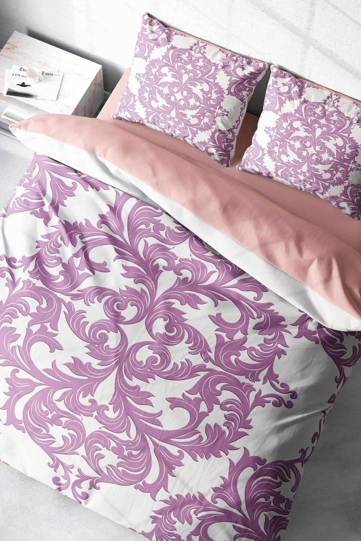 Pink Damask 3d Pamuk Saten Çift Kişilik Nevresim Takımı