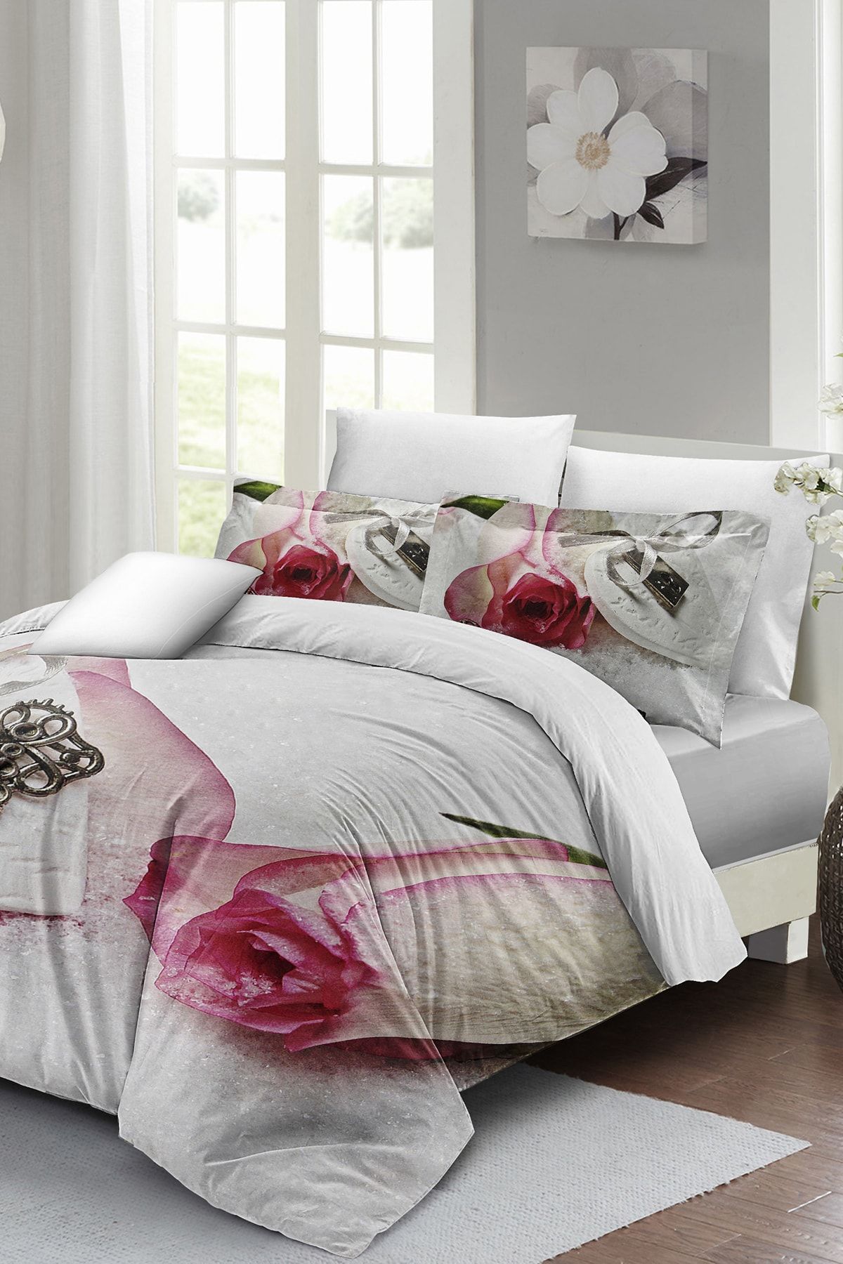 Sevgililer Günü Çift Kişilik Nevresim Takımı%100 Pamuk Saten White Love