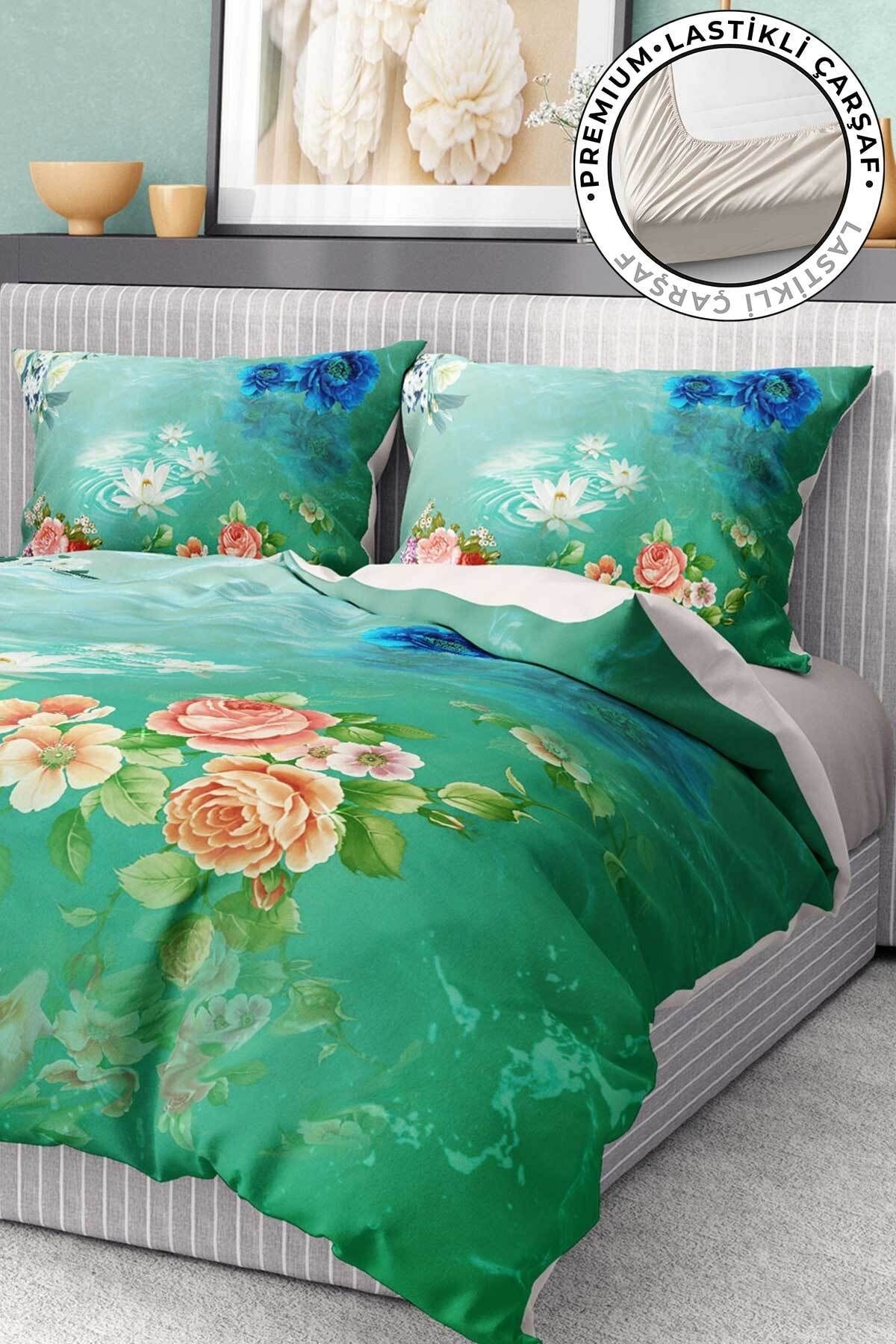 Premium Nevresim Takımı %100 Pamuk Saten Lastikli Çarşaf Deluxe Koleksiyon Çift Kişilik 3d Flowers