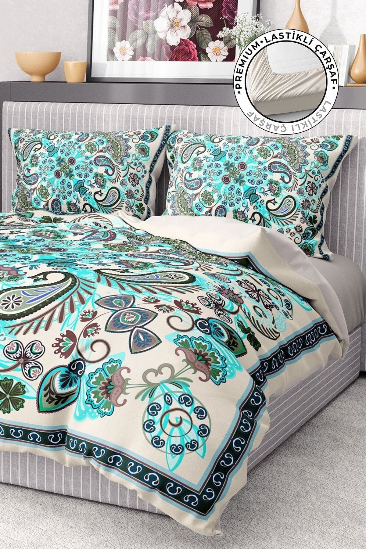 Premium Nevresim Takımı %100 Pamuk Saten Lastikli Çarşaf Deluxe Koleksiyon Çift Kişilik 3d Blue