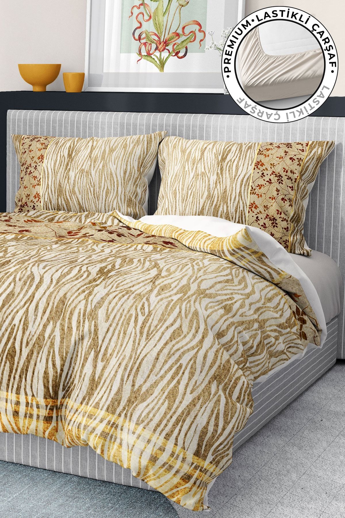 Premium Nevresim Takımı %100 Pamuk Saten Lastikli Çarşaf Deluxe Koleksiyon Çift Kişilik 3d Zebra