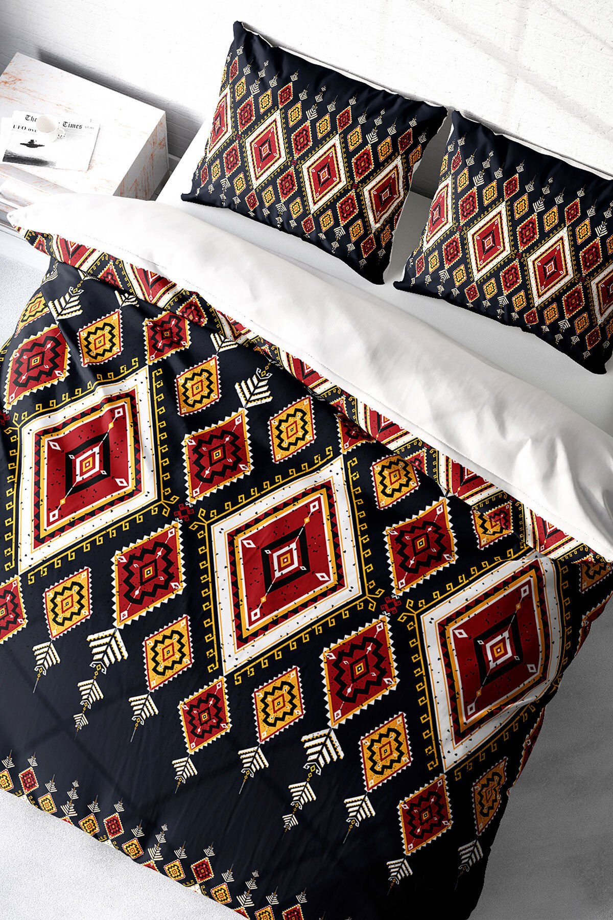 Lastikli Çarşaflı %100 Pamuk Saten Çift Kişilik Nevresim Takımı Ethnic Geometric