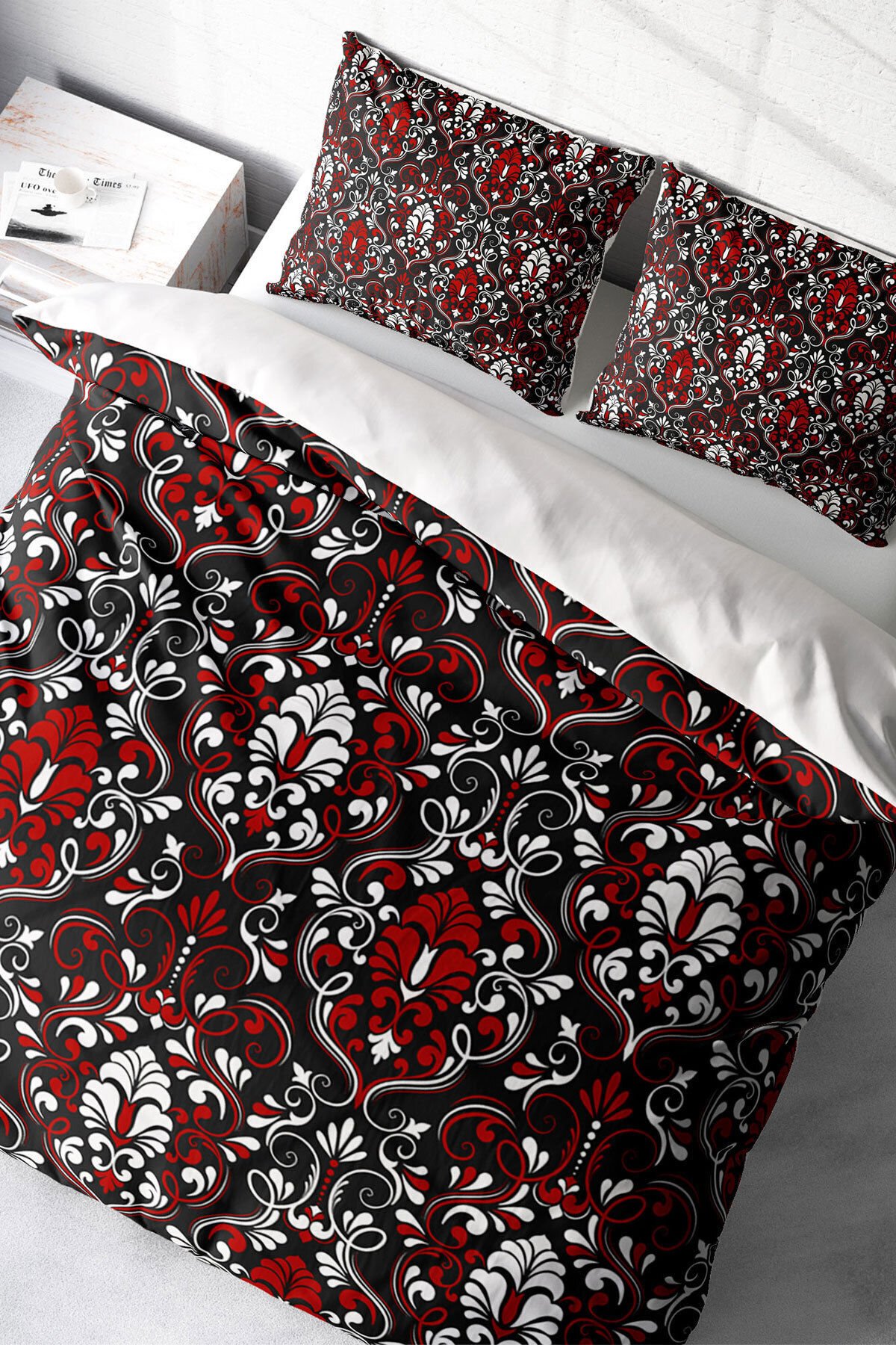 Lastikli Çarşaflı %100 Pamuk Saten Çift Kişilik Nevresim Takımı Damask