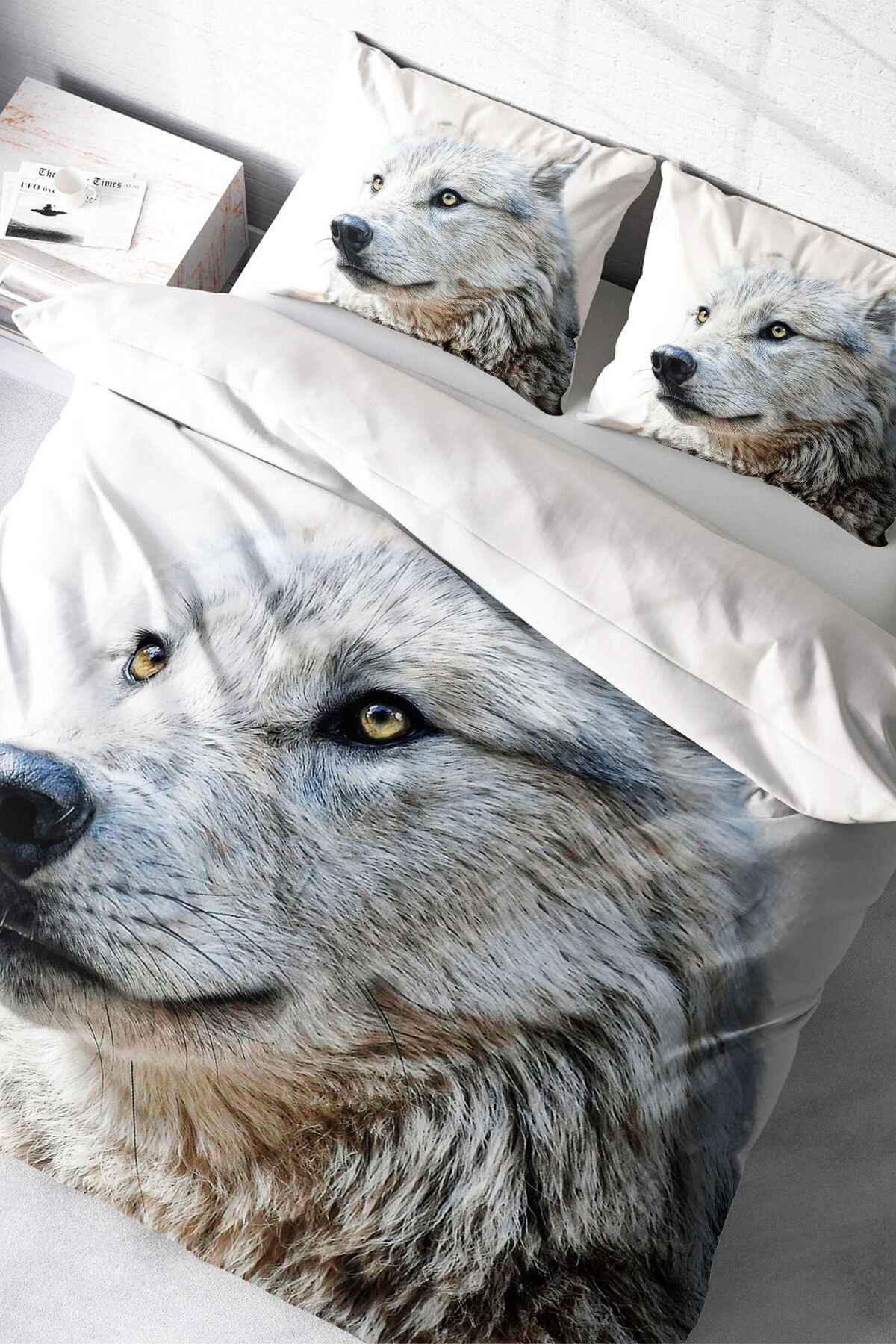 Çift Kişilik Nevresim Seti Sık Dokuma Pamuk Saten 3d Özel Tasarım White Wolf Naturel