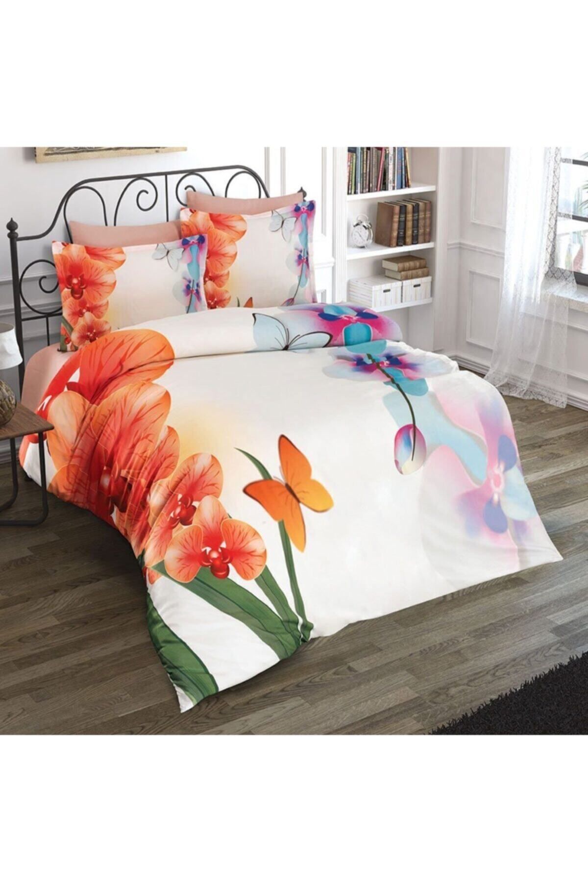 Lastikli Çarşaflı %100 Pamuk Saten Çift Kişilik Nevresim Takımı Orchid 2