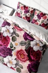 Lastikli Çarşaflı %100 Pamuk Saten Çift Kişilik Nevresim Takımı Flower Dream