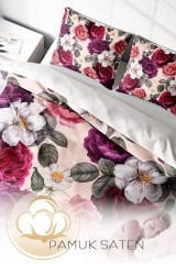 Lastikli Çarşaflı %100 Pamuk Saten Çift Kişilik Nevresim Takımı Flower Dream