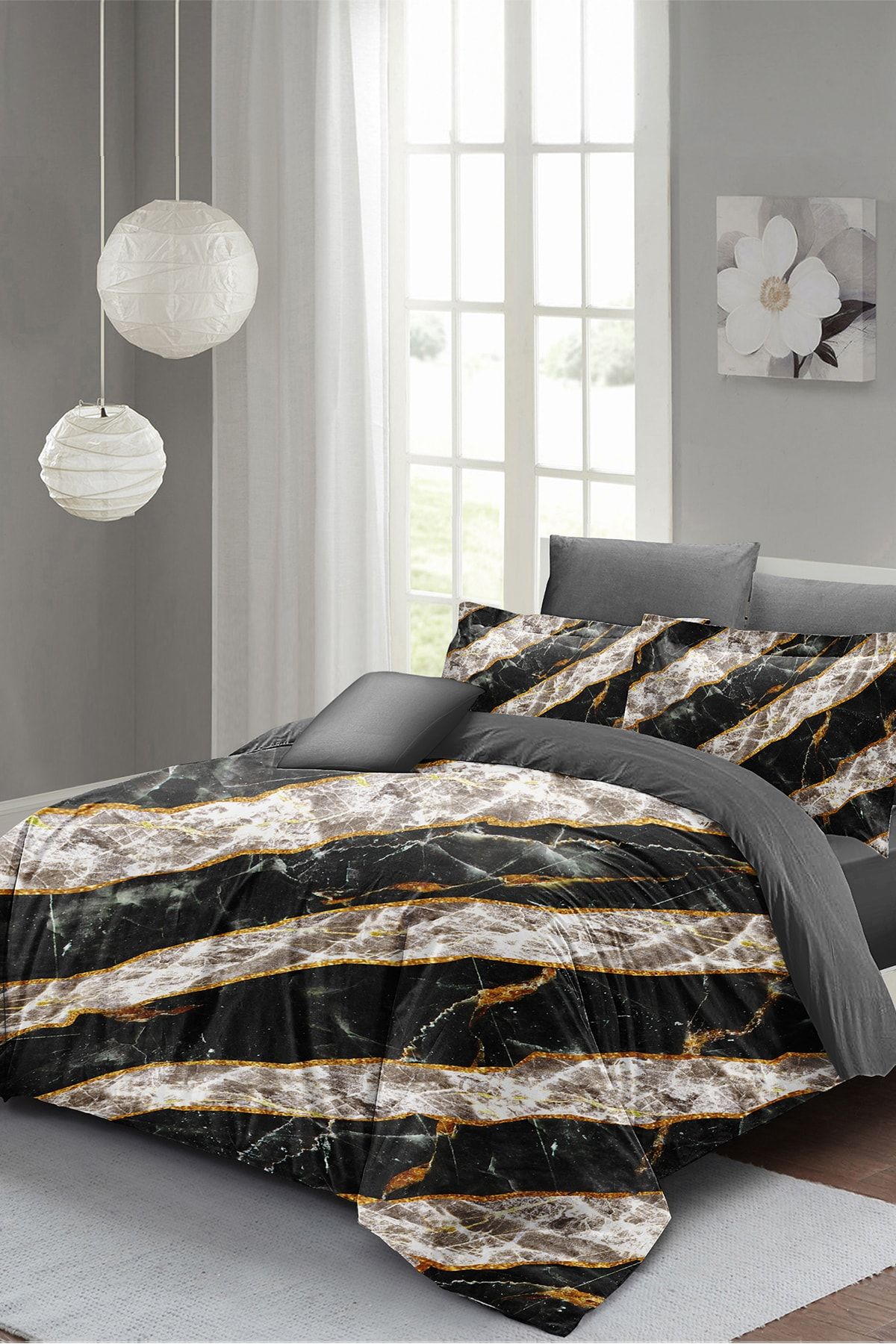 Çift Kişilik Nevresim Seti Sık Dokuma Pamuk Saten 3d Özel Tasarım Zebra Marble(çarşafsızdır)