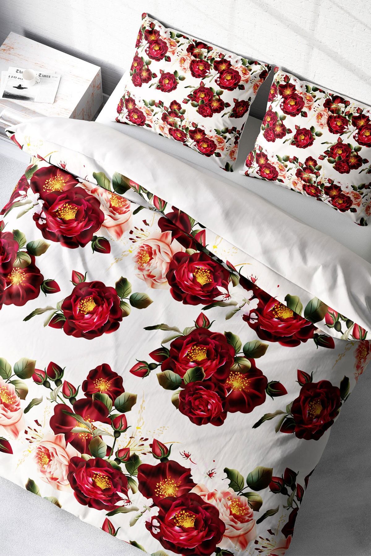 Çift Kişilik Nevresim Seti Sık Dokuma Pamuk Saten 3d Özel Tasarım Red Rose Naturel (çarşafsızdır)