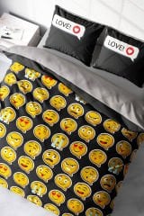 Lastikli Çarşaflı %100 Pamuk Saten Çift Kişilik Nevresim Takımı I Love Emoji