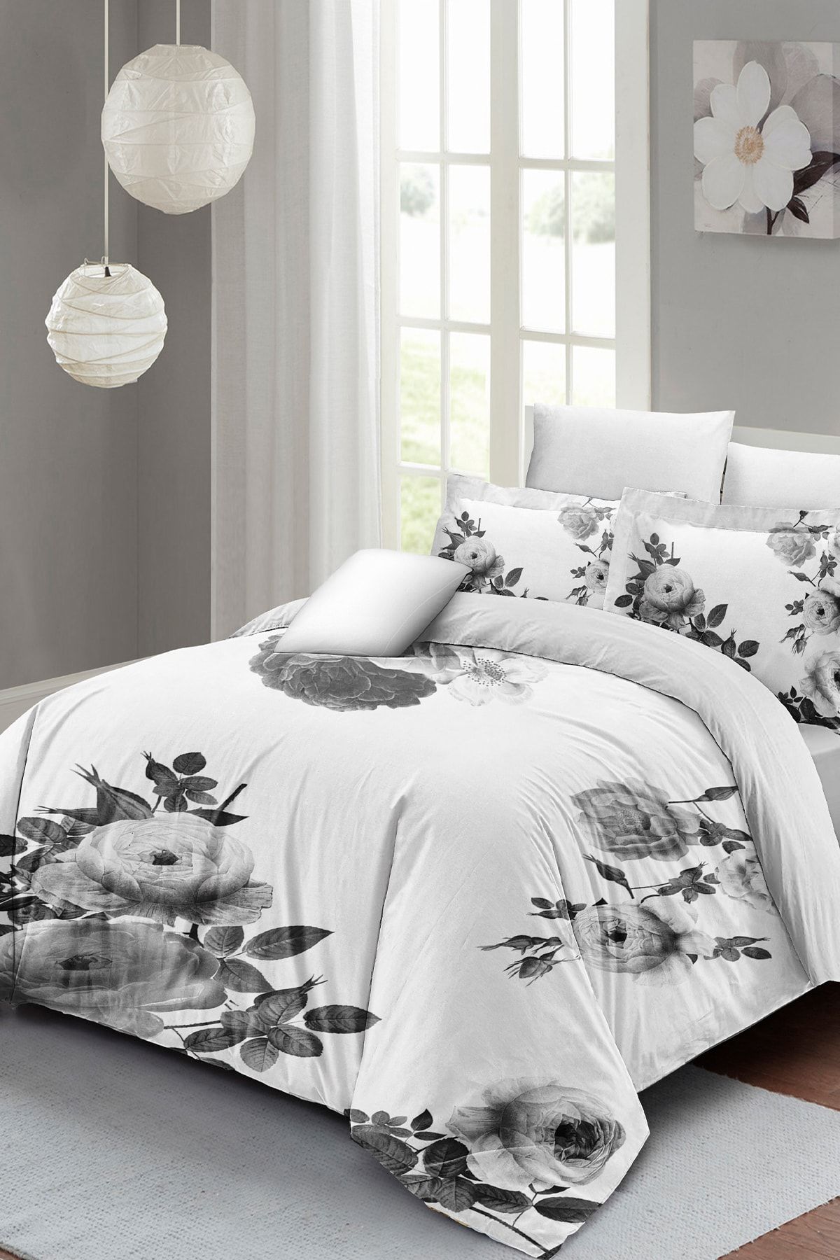Çift Kişilik Nevresim Seti Sık Dokuma Pamuk Saten 3d Özel Tasarım Black White Flower (çarşafsızdır)