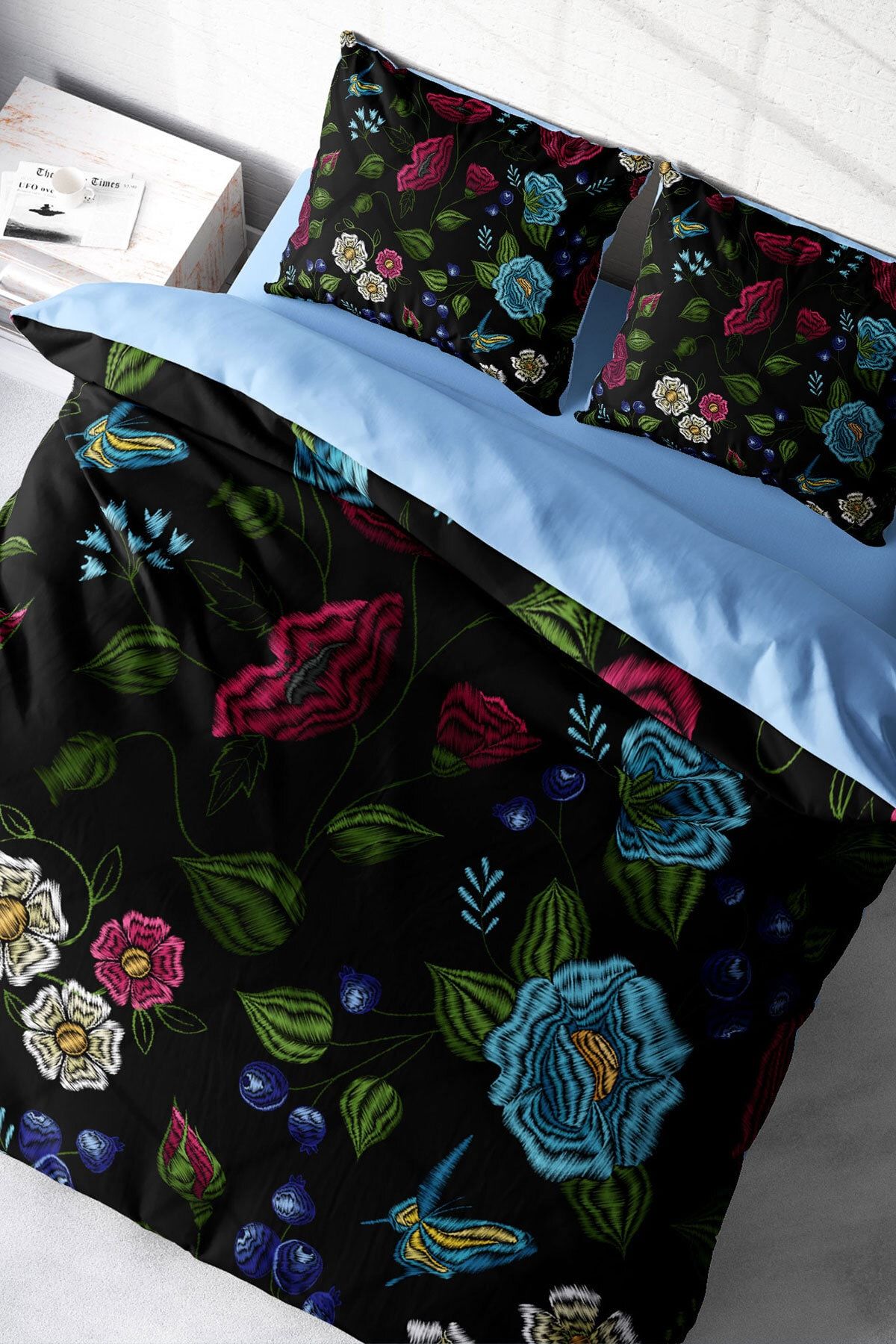 Çift Kişilik Nevresim Seti Sık Dokuma Pamuk Saten 3d Özel Tasarım Flower Black (çarşafsızdır)