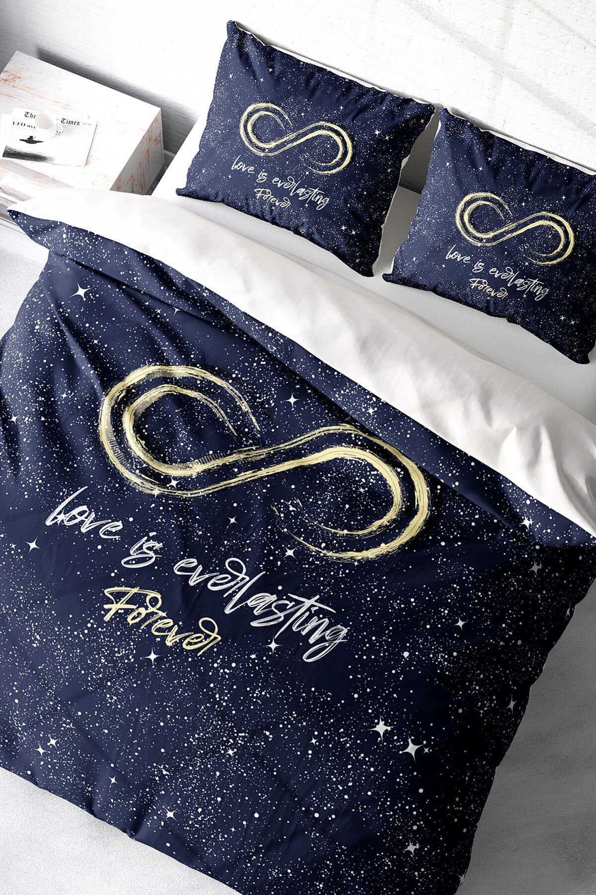 Lastikli Çarşaflı %100 Pamuk Saten Çift Kişilik Nevresim Takımı Love is Everything