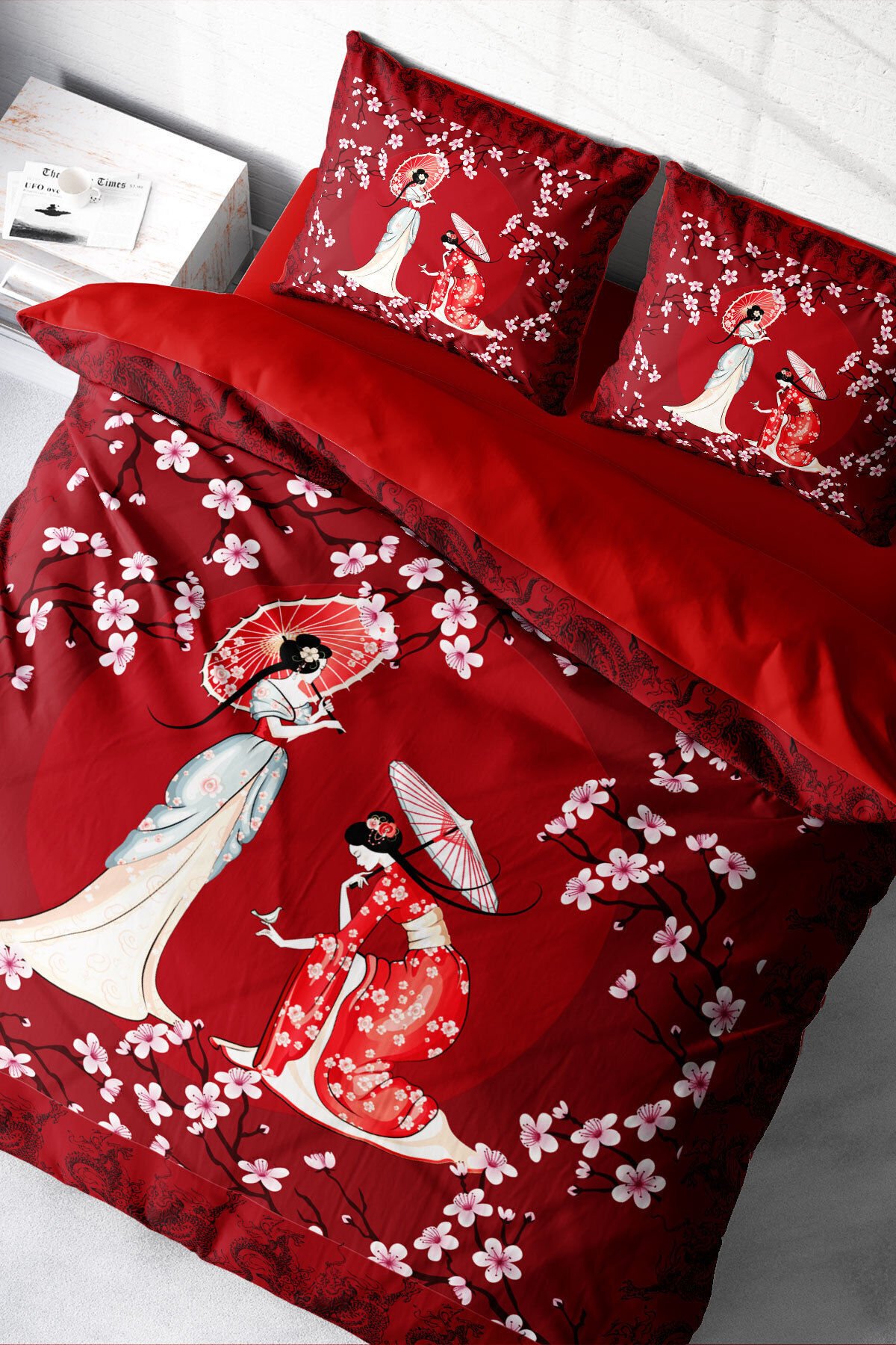 Lastikli Çarşaflı %100 Pamuk Saten Çift Kişilik Nevresim Takımı Japan Style