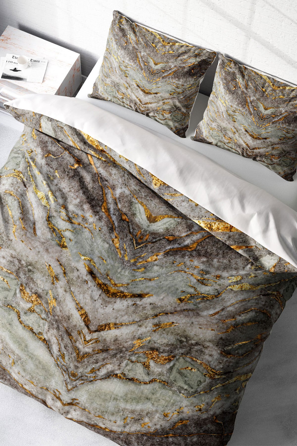 Lastikli Çarşaflı %100 Pamuk Saten Çift Kişilik Nevresim Takımı Marble
