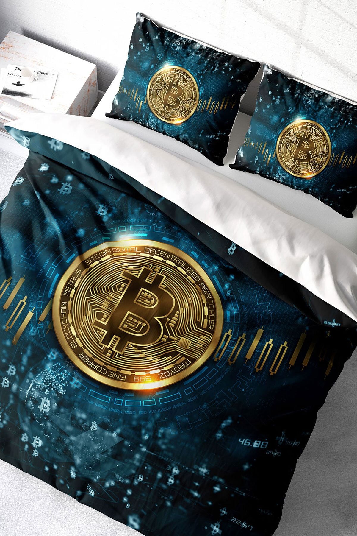 Çift Kişilik Nevresim Seti Sık Dokuma Pamuk Saten 3d Özel Tasarım Bitcoin (çarşafsızdır)