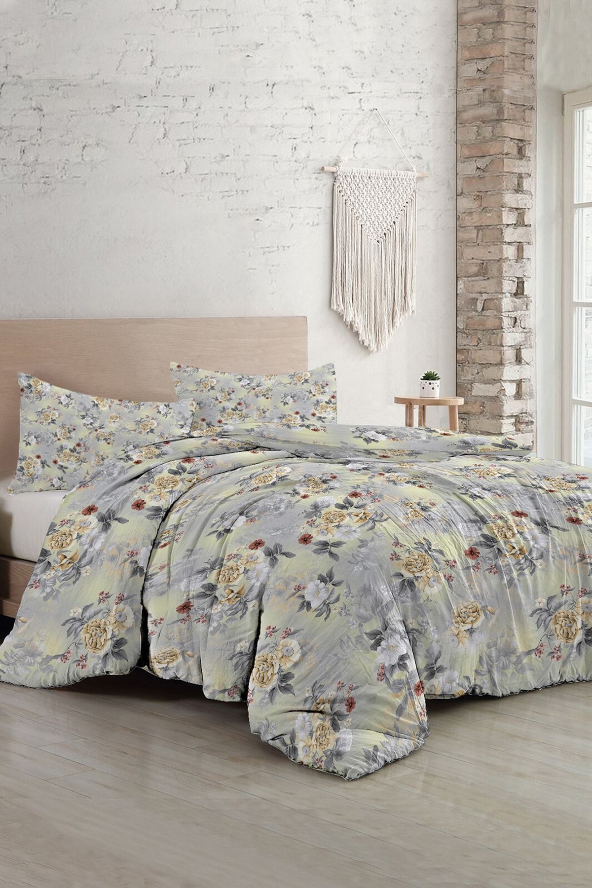 Grey Yellow Roses Luxury Çift Kişilik Pamuk Saten Nevresim Takımı