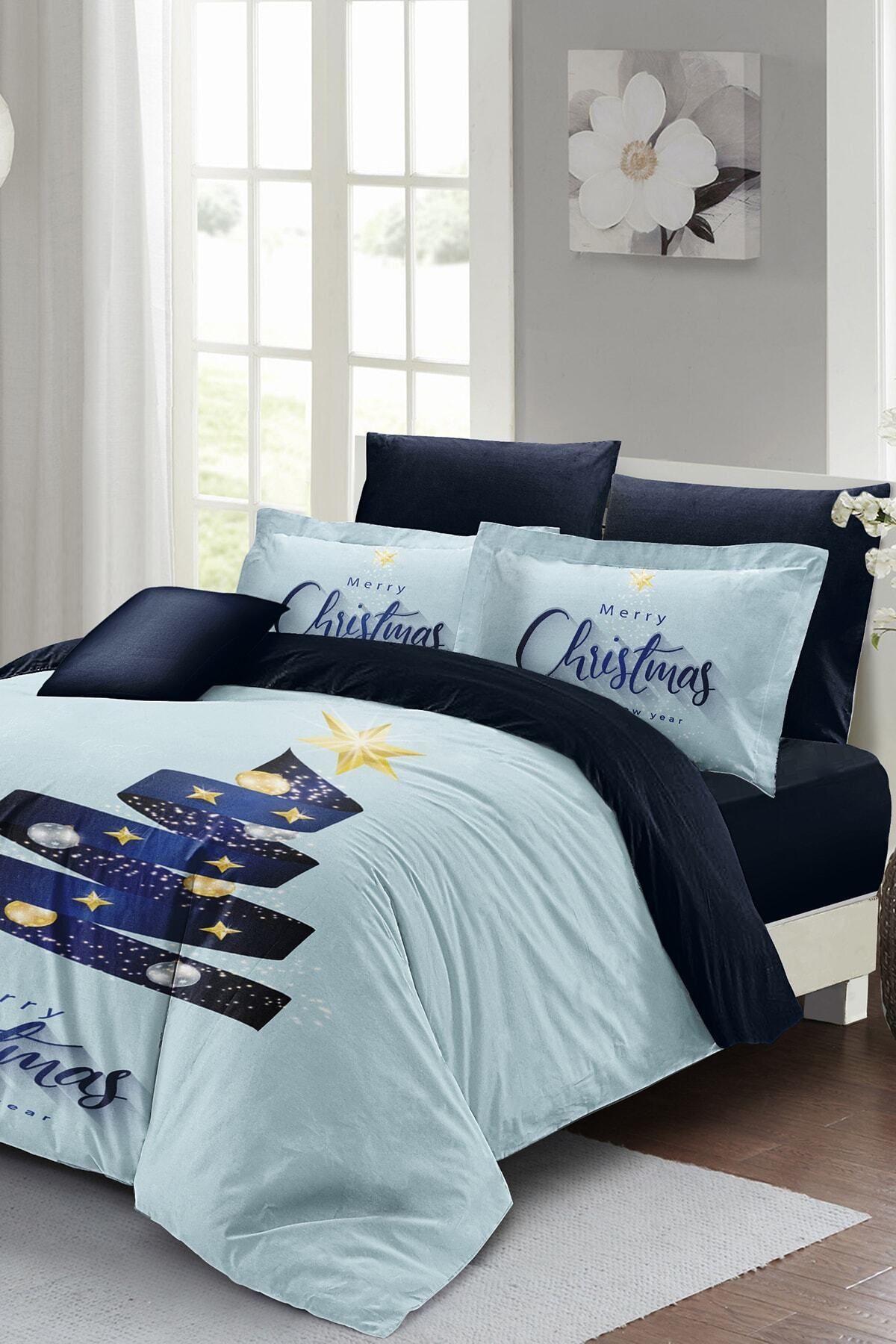 Yılbaşı Nevresim Takımı (Lastikli Çarşaflı) Çift Kişilik %100 Pamuk Saten Blue Noel