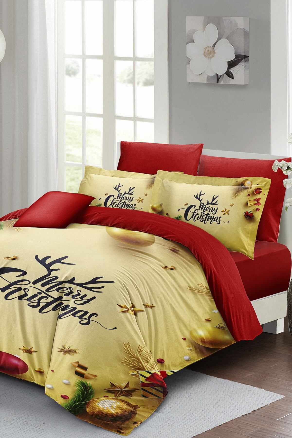 Yılbaşı Nevresim Takımı (Lastikli Çarşaflı) Çift Kişilik %100 Pamuk Saten Yellow Noel