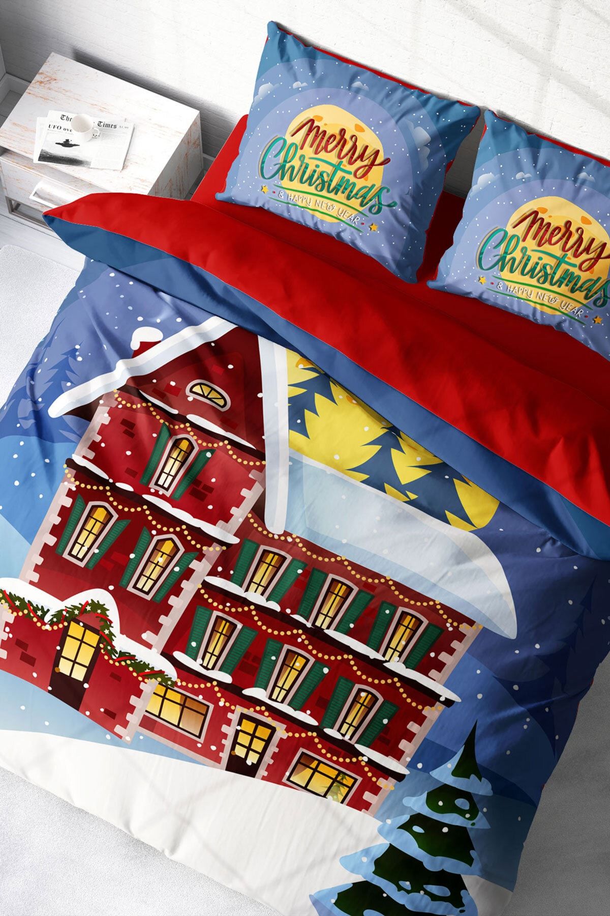 Yılbaşı Süsü Merry Christmas Çift Kişilik 3D Nevresim Takımı Pamuk