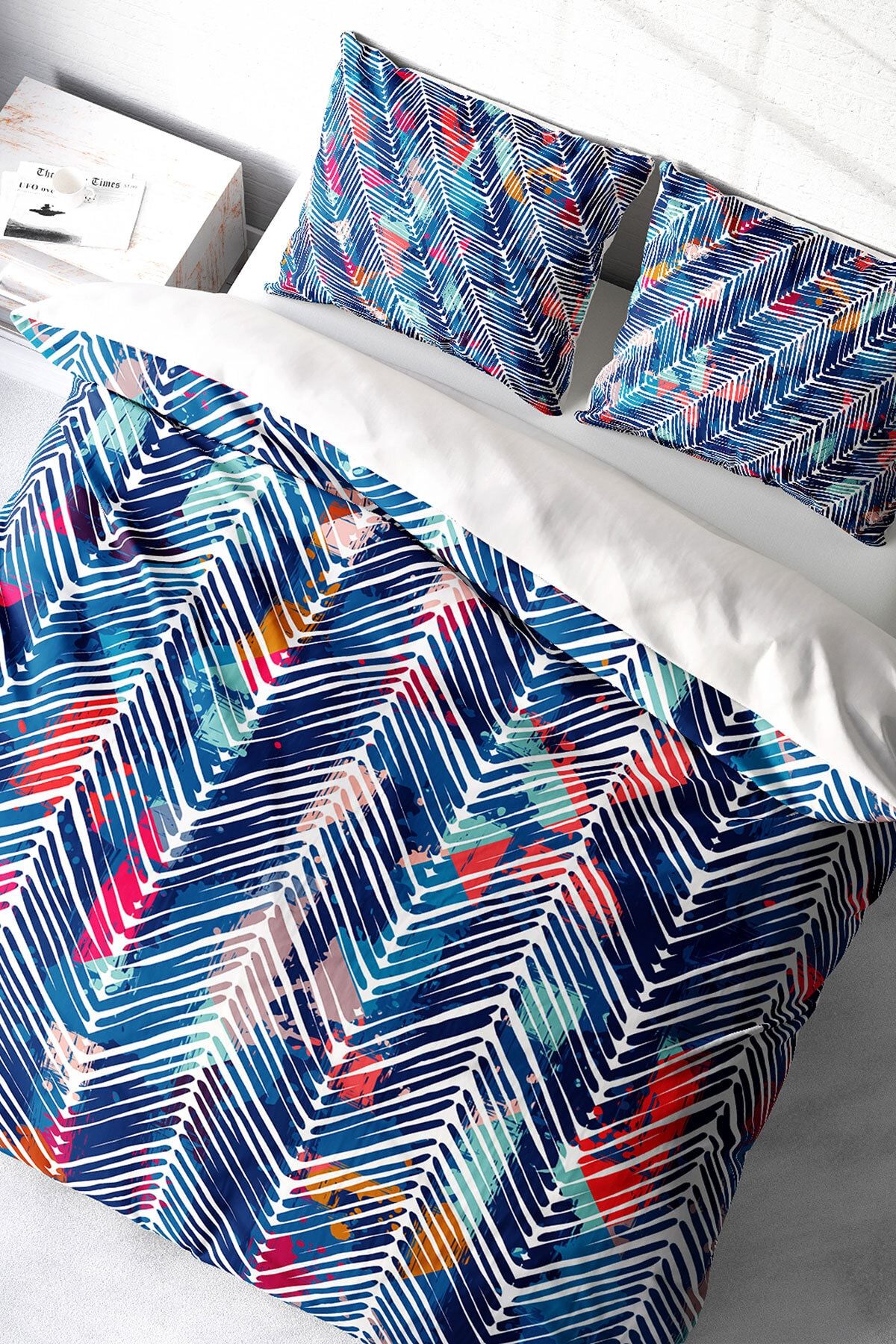 Blue Pattern 3d Pamuk Saten Çift Kişilik Nevresim Takımı