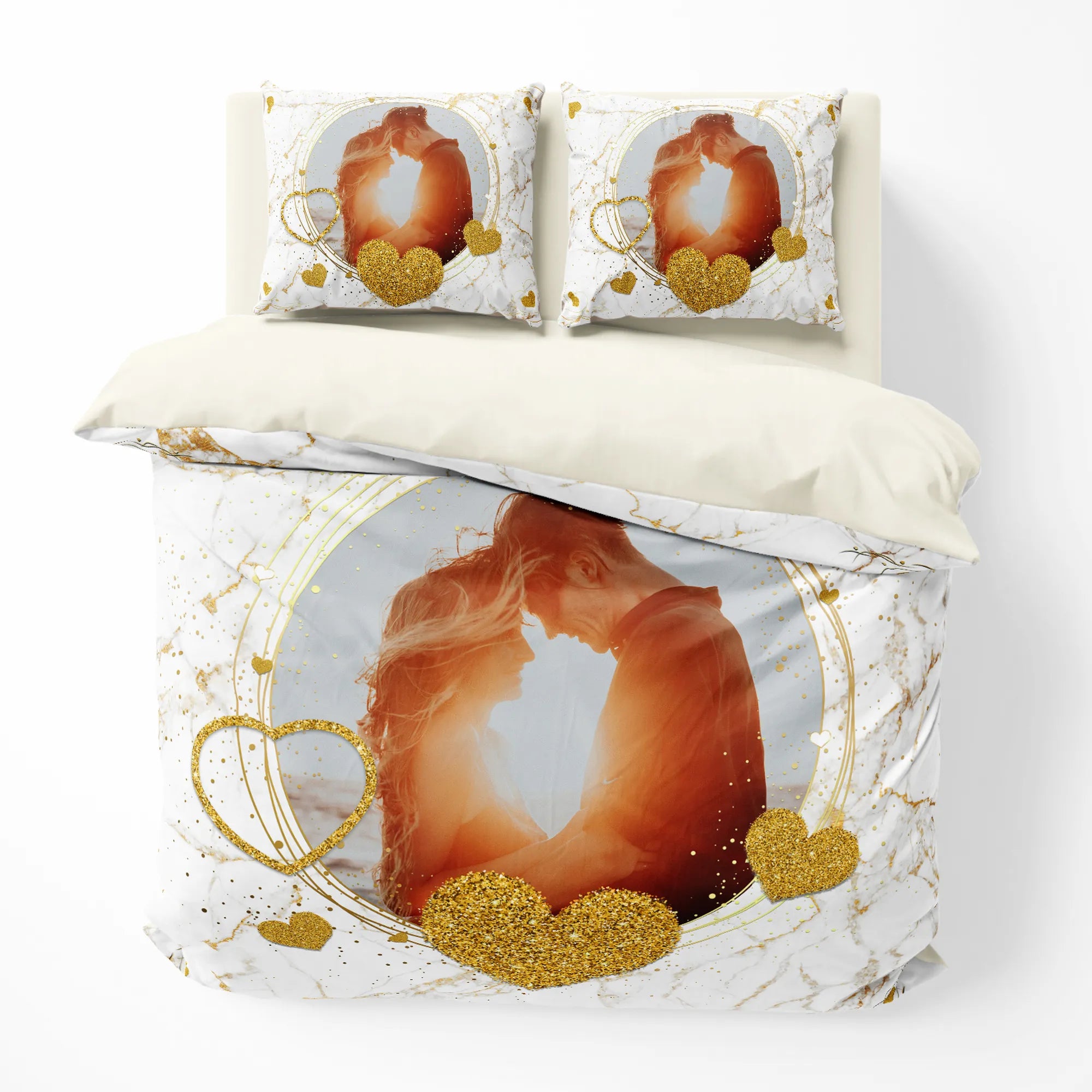 Monohome Kişiye Özel Çift Kişilik Nevresim Takımı Golden White Marble Heart