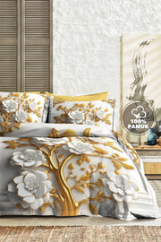 %100 PAMUK Percale Çeyizlik Luxury 5D Dijital Çift Kişilik Nevresim Takımı Dore