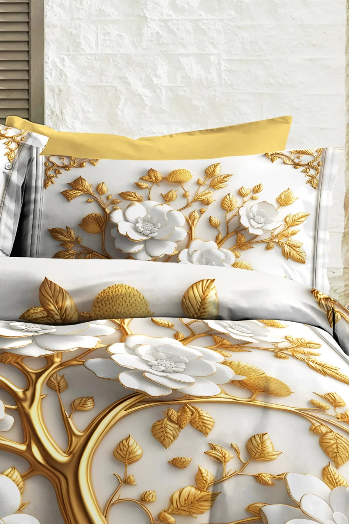 %100 PAMUK Percale Çeyizlik Luxury 5D Dijital Çift Kişilik Nevresim Takımı Dore