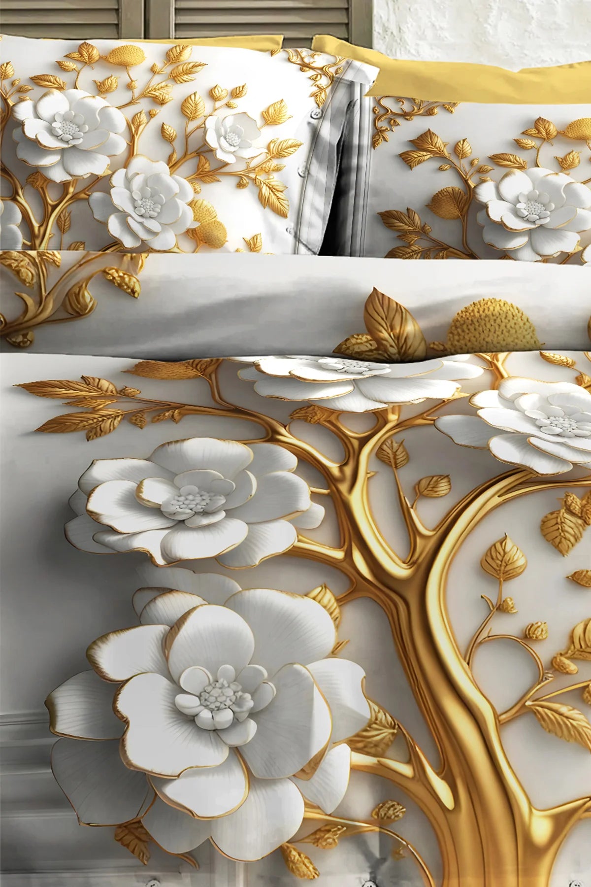 %100 PAMUK Percale Çeyizlik Luxury 5D Dijital Çift Kişilik Nevresim Takımı Dore