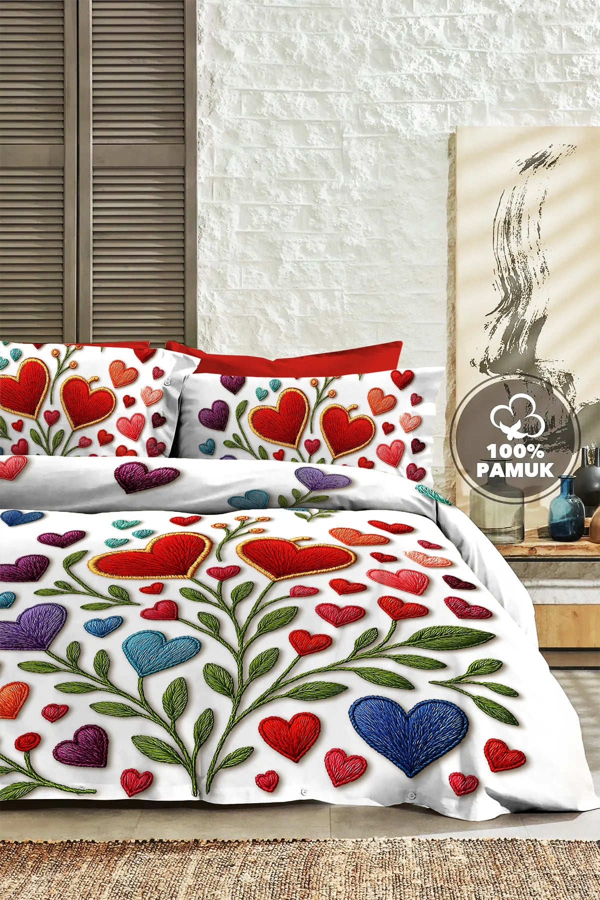 %100 PAMUK Percale Çeyizlik Luxury 5D Dijital Çift Kişilik Nevresim Takımı Embroidered heart