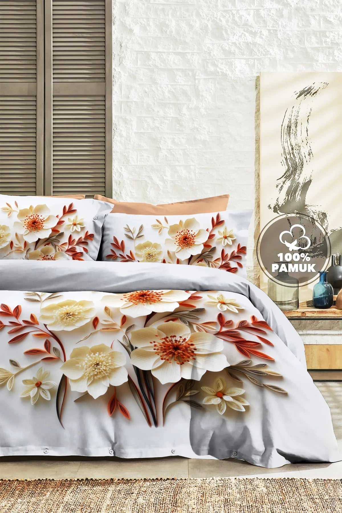 %100 PAMUK Percale Çeyizlik Luxury 5D Dijital Çift Kişilik Nevresim Takımı Lotus