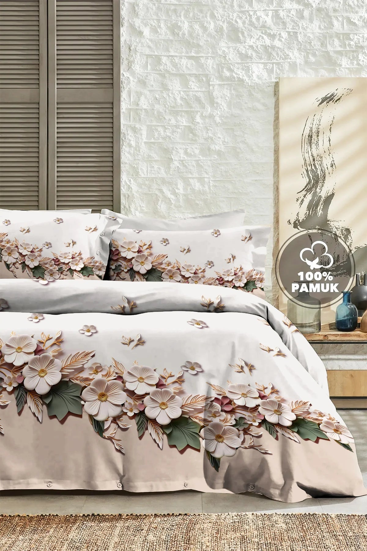 %100 PAMUK Percale Çeyizlik Luxury 5D Dijital Çift Kişilik Nevresim Takımı Mimoza