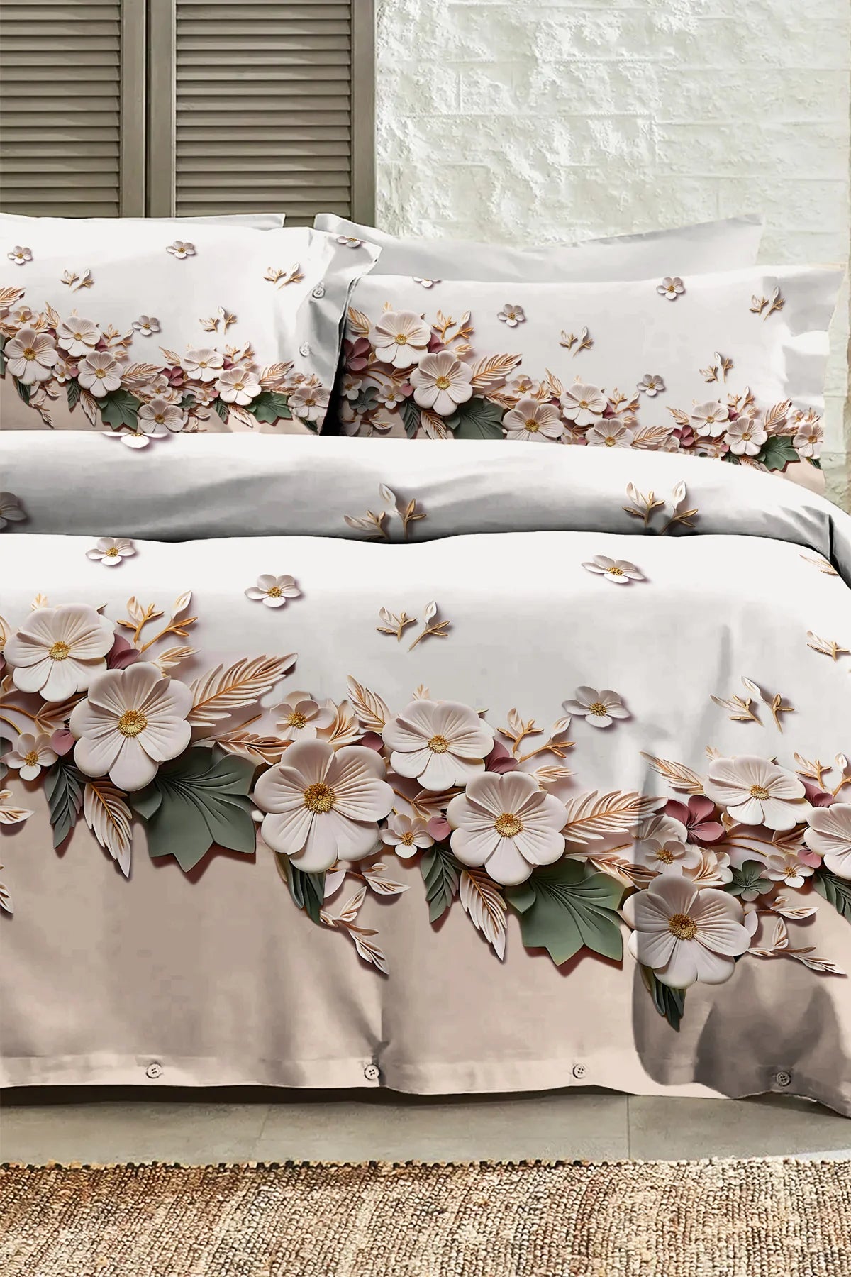 %100 PAMUK Percale Çeyizlik Luxury 5D Dijital Çift Kişilik Nevresim Takımı Mimoza