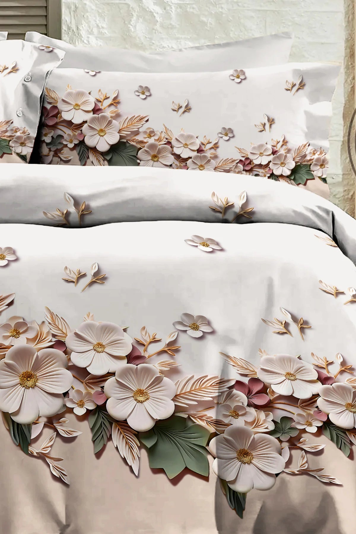 %100 PAMUK Percale Çeyizlik Luxury 5D Dijital Çift Kişilik Nevresim Takımı Mimoza