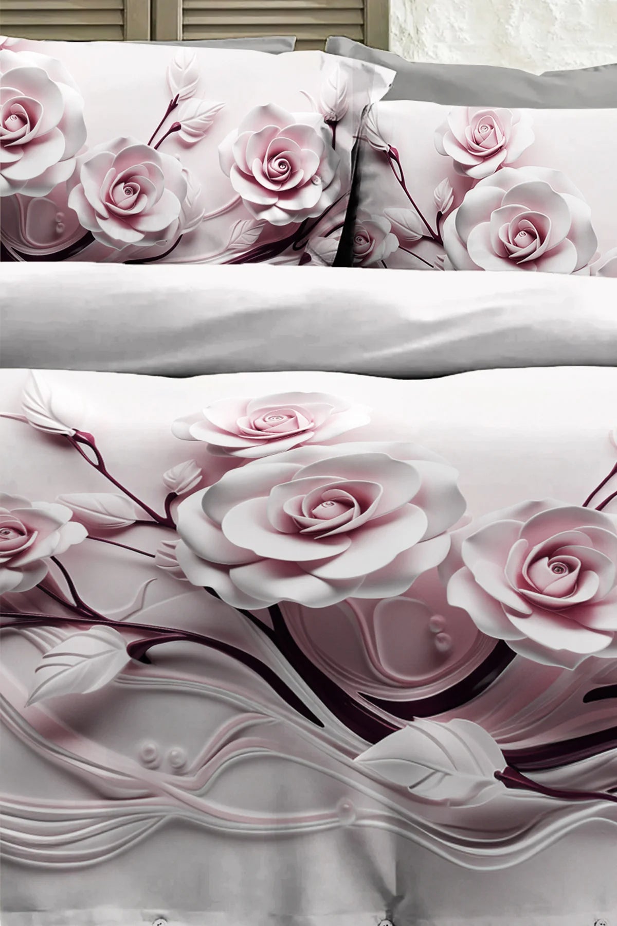 %100 PAMUK Percale Çeyizlik Luxury 5D Dijital Çift Kişilik Nevresim Takımı Rose
