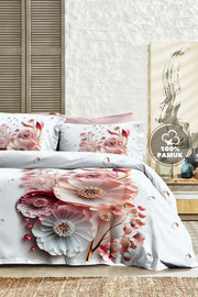 %100 PAMUK Percale Çeyizlik Luxury 5D Dijital Çift Kişilik Nevresim Takımı Sakura