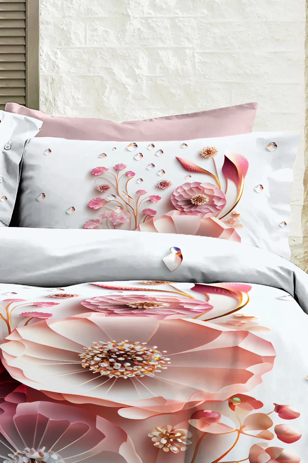 %100 PAMUK Percale Çeyizlik Luxury 5D Dijital Çift Kişilik Nevresim Takımı Sakura