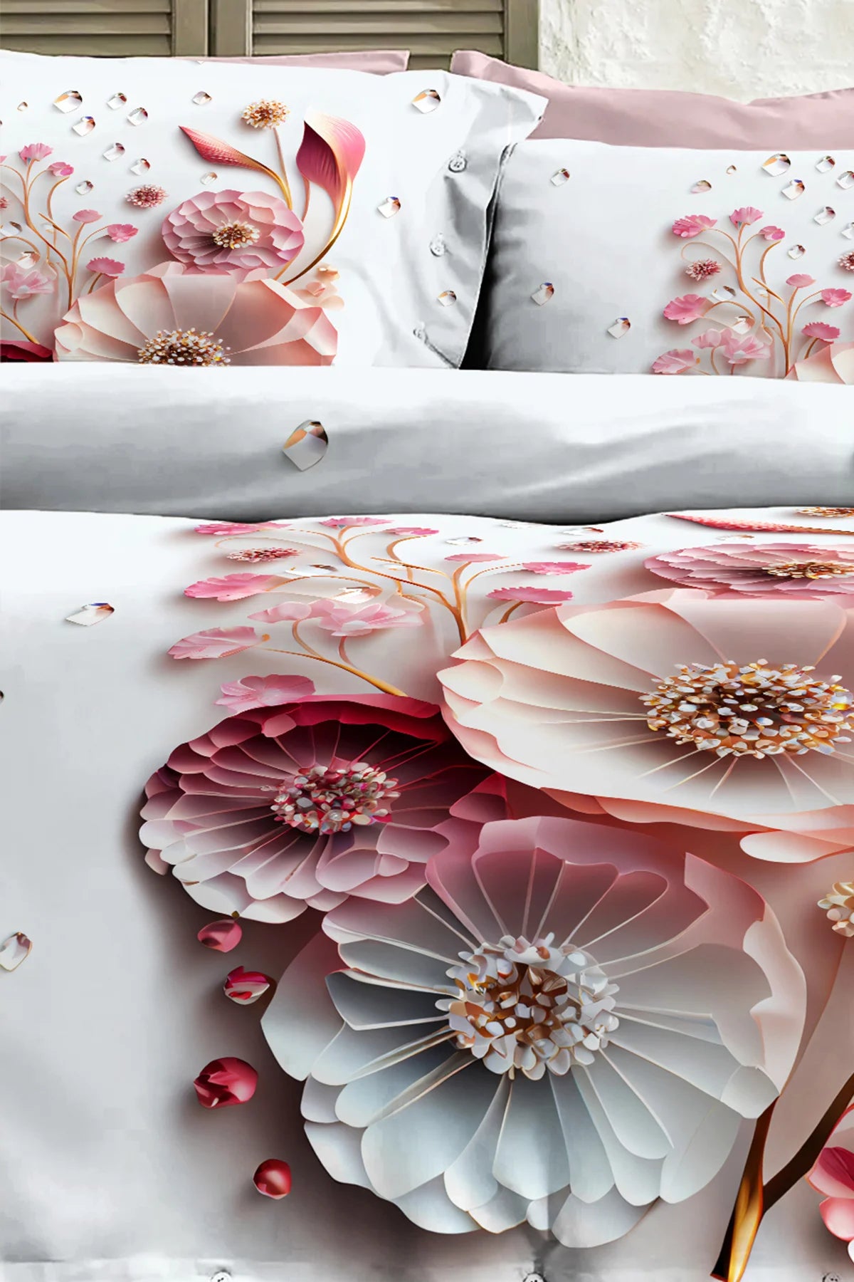 %100 PAMUK Percale Çeyizlik Luxury 5D Dijital Çift Kişilik Nevresim Takımı Sakura