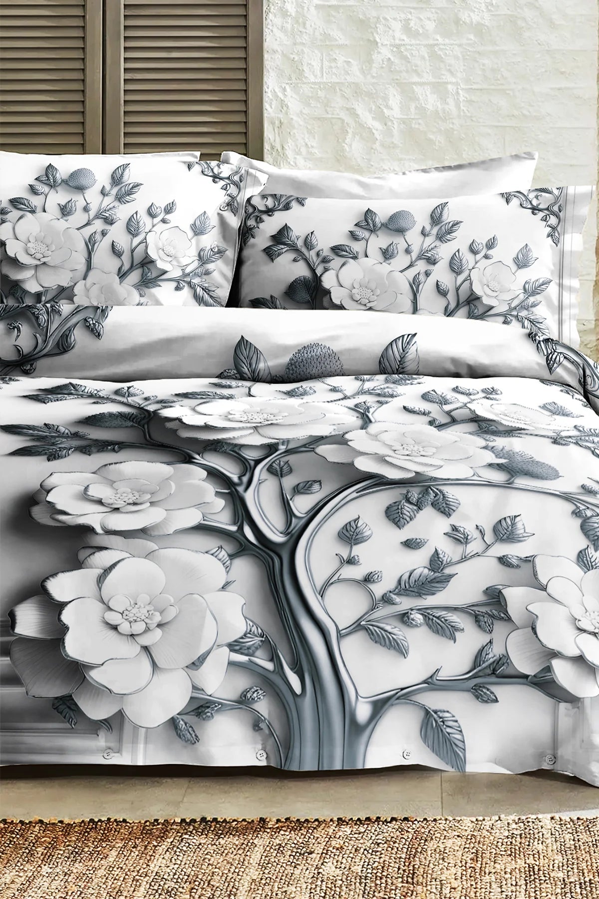 %100 PAMUK Percale Çeyizlik Luxury 5D Dijital Çift Kişilik Nevresim Takımı Silver