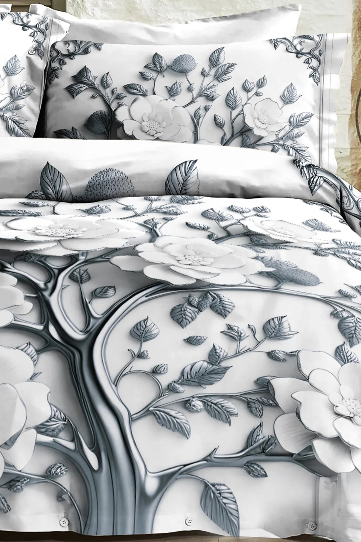 %100 PAMUK Percale Çeyizlik Luxury 5D Dijital Çift Kişilik Nevresim Takımı Silver