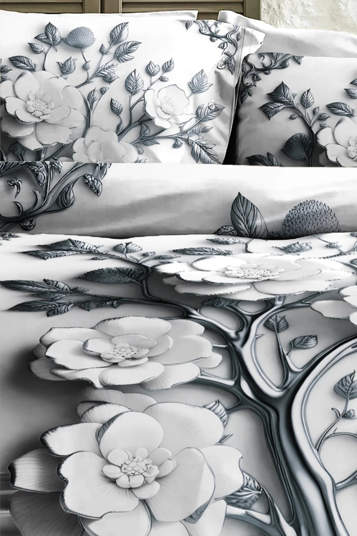 %100 PAMUK Percale Çeyizlik Luxury 5D Dijital Çift Kişilik Nevresim Takımı Silver