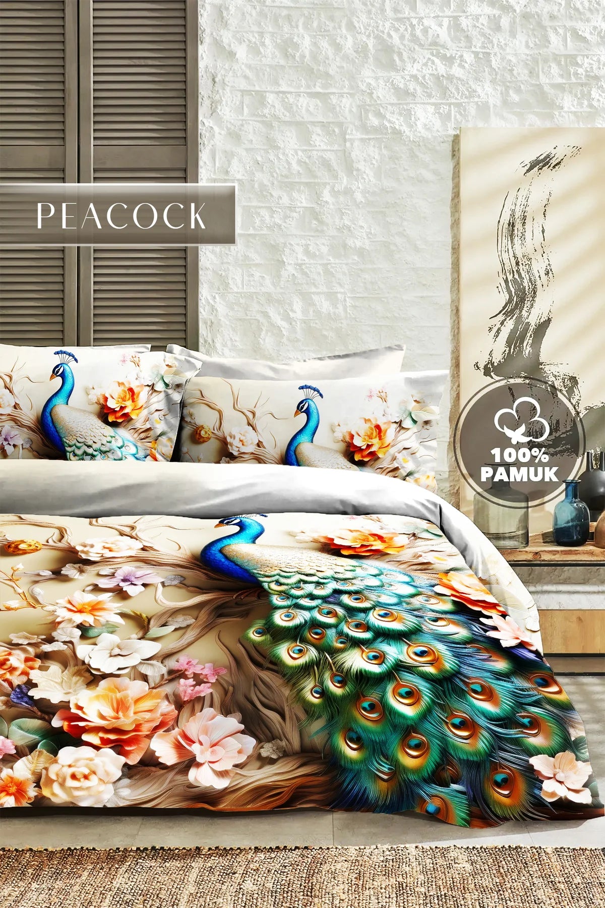 %100 PAMUK Percale Çeyizlik Luxury 5D Dijital Çift Kişilik Nevresim Takımı Tavus Kuşu