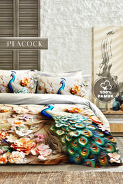 %100 PAMUK Percale Çeyizlik Luxury 5D Dijital Çift Kişilik Nevresim Takımı Tavus Kuşu