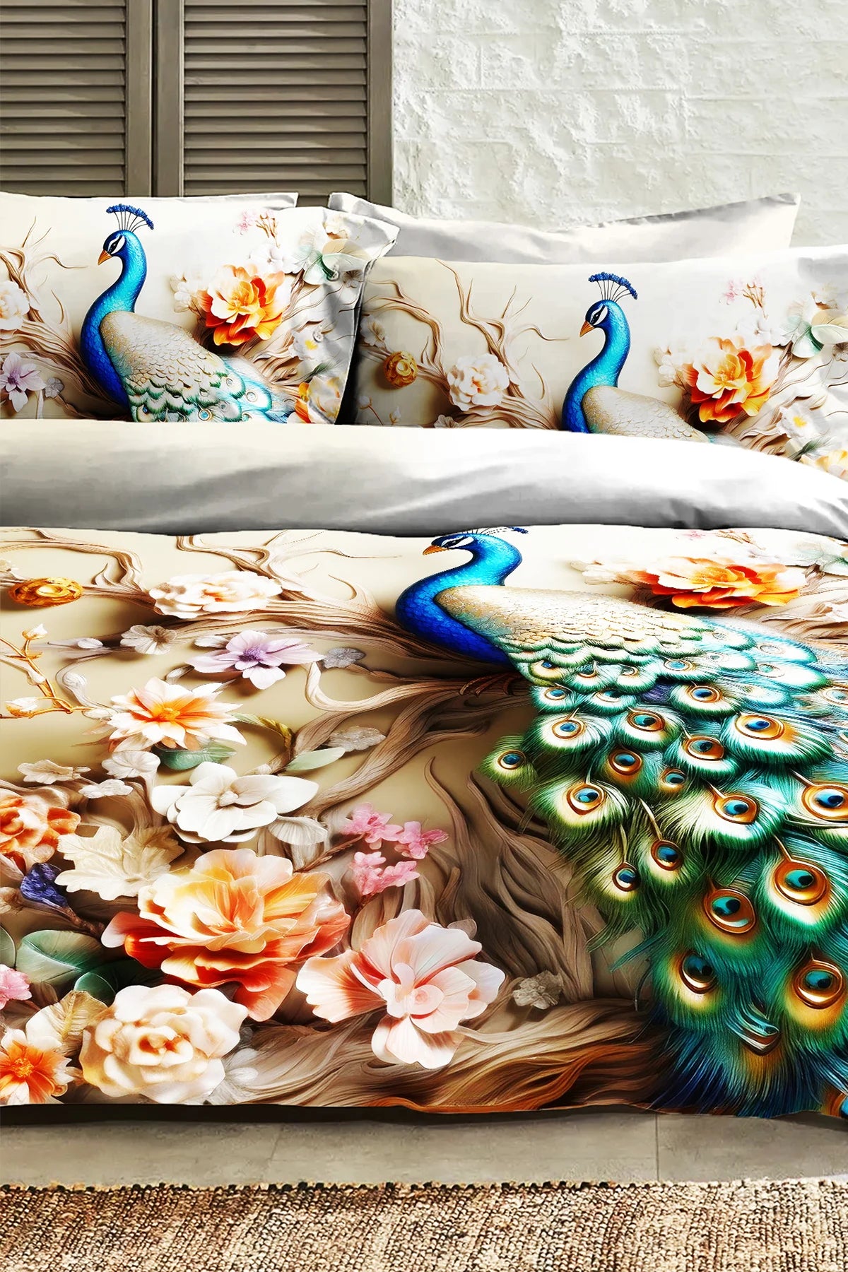 %100 PAMUK Percale Çeyizlik Luxury 5D Dijital Çift Kişilik Nevresim Takımı Tavus Kuşu