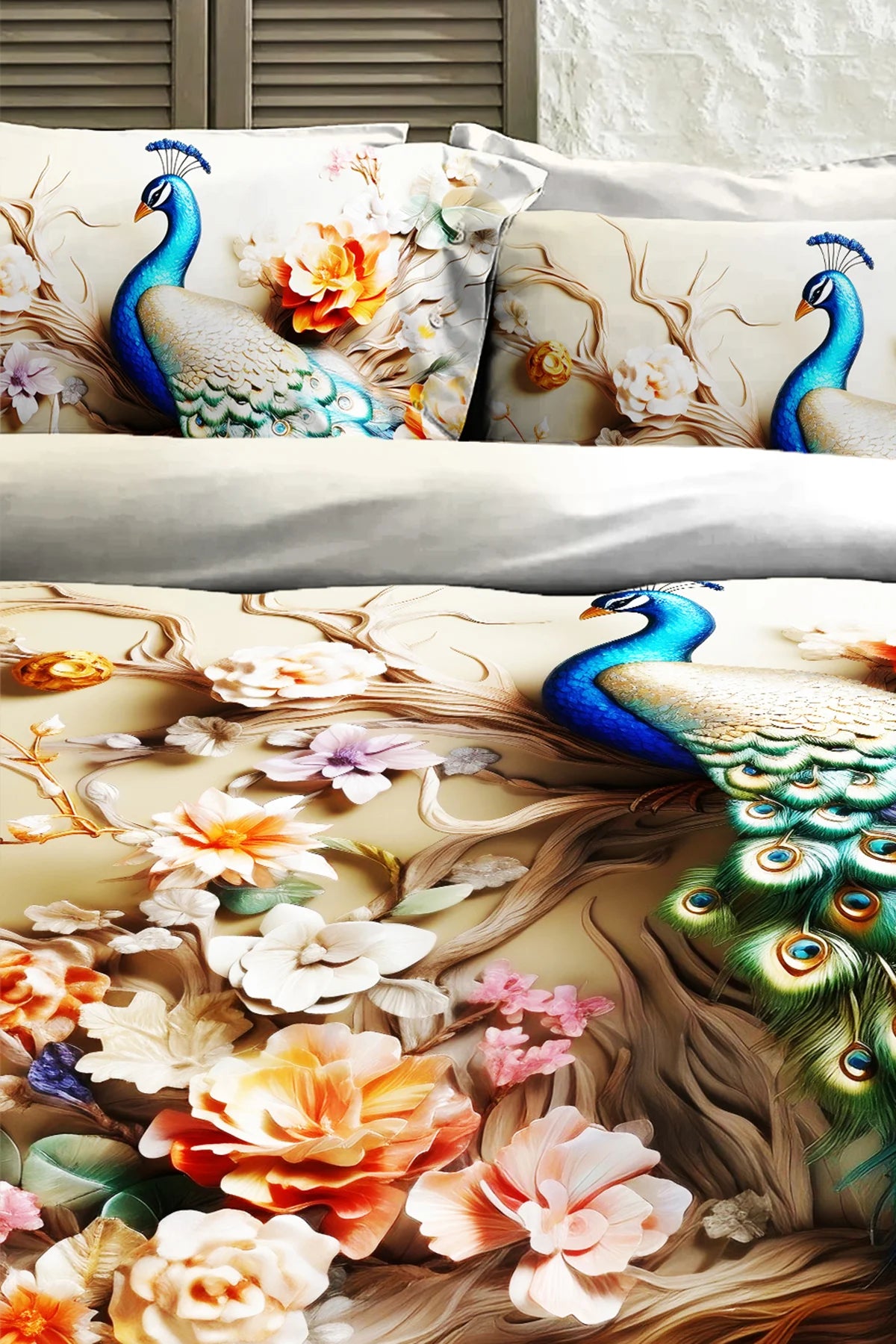 %100 PAMUK Percale Çeyizlik Luxury 5D Dijital Çift Kişilik Nevresim Takımı Tavus Kuşu