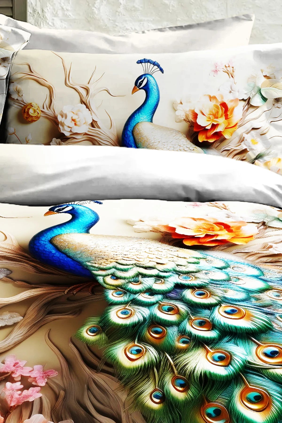 %100 PAMUK Percale Çeyizlik Luxury 5D Dijital Çift Kişilik Nevresim Takımı Tavus Kuşu