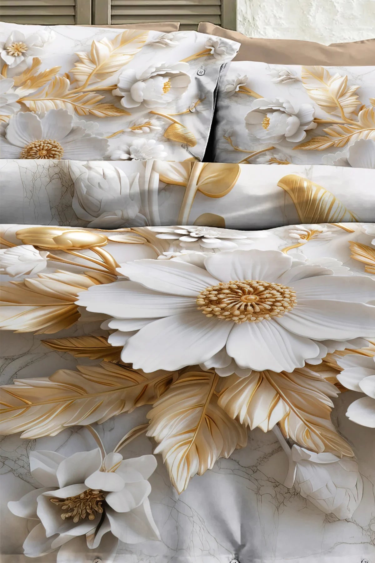 %100 PAMUK Percale Çeyizlik Luxury 5D Dijital Çift Kişilik Nevresim Takımı Whıte