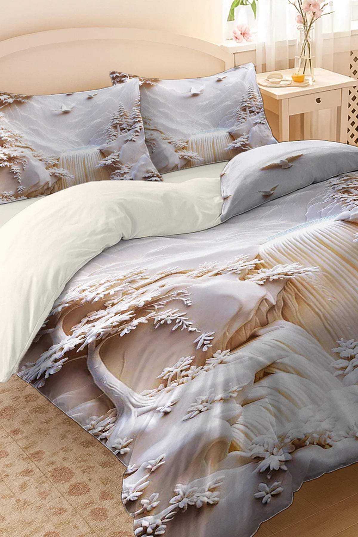 %100 PAMUK Percale Çeyizlik Luxury 5D Dijital Çift Kişilik Nevresim Takımı Waterfall
